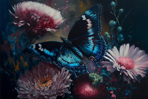 A painting of a butterfly and flowers.