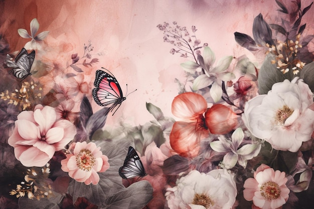 A painting of a butterfly and flowers