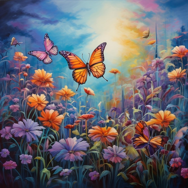 painting of a butterfly flying over a field of flowers generative ai