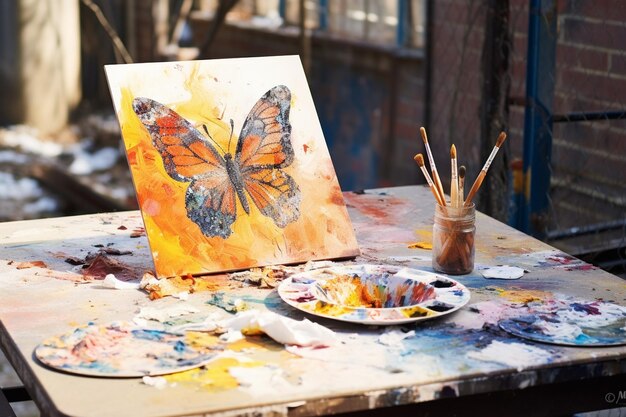 a painting of a butterfly and a plate of paint