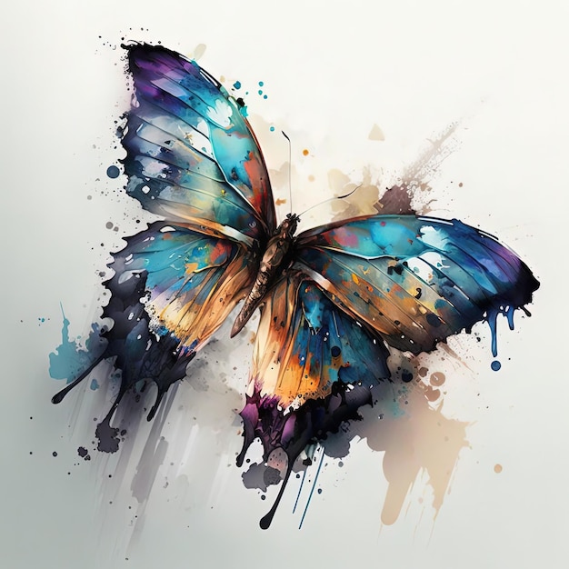 A painting of a butterfly with blue and orange wings.