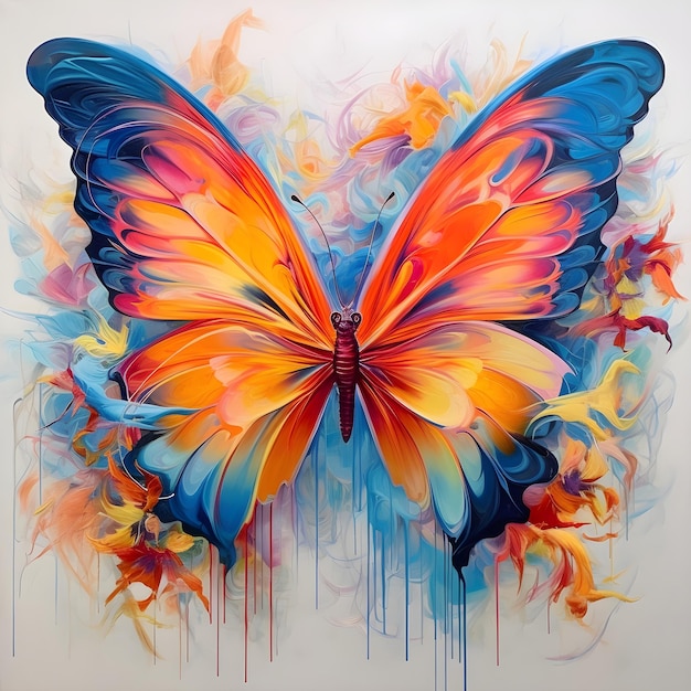 A painting of a butterfly with orange, blue, and yellow colors.