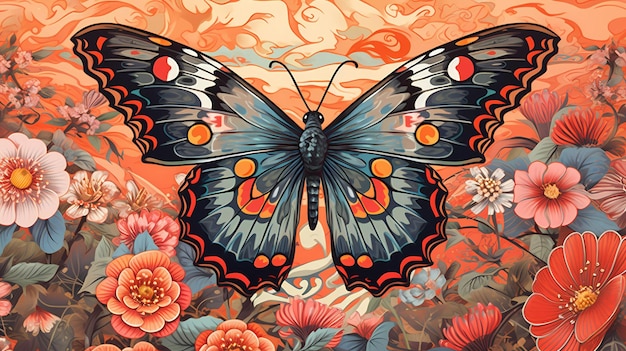 A painting of a butterfly with a red eye and black wings.