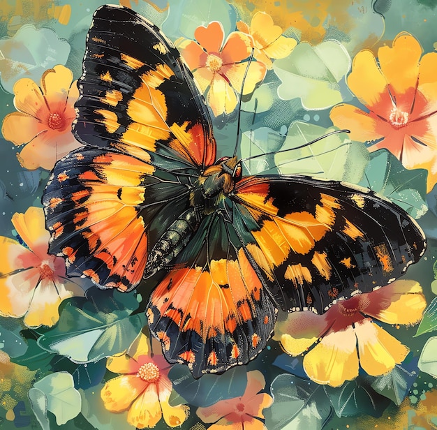 Photo a painting of a butterfly with yellow and orange flowers