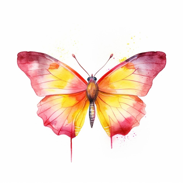 Painting of a butterfly with a yellow and red wing generative ai