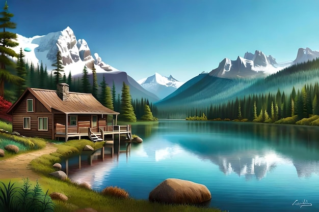 A painting of a cabin by a lake with mountains in the background.