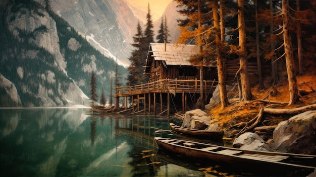 A painting of a cabin by the lake