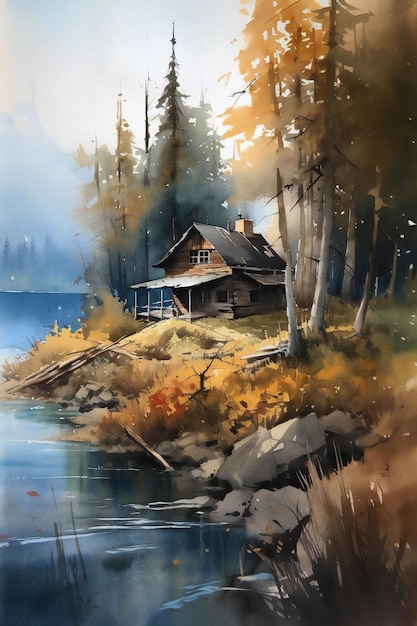 A painting of a cabin by the lake