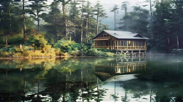 A painting of a cabin by the water