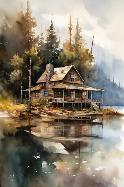 A painting of a cabin by the water