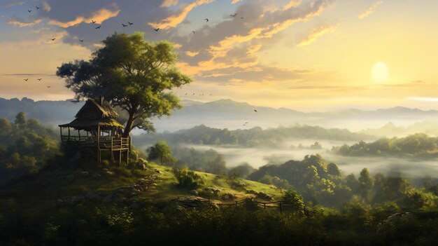 a painting of a cabin on a hill with birds flying above it