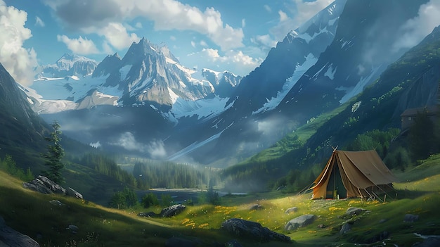 a painting of a cabin in a mountain landscape with a tent in the foreground