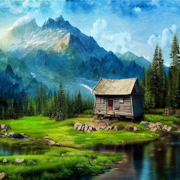 Painting of a cabin in a mountain valley with a stream running through it generative ai