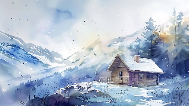 a painting of a cabin in the snow with a house in the background