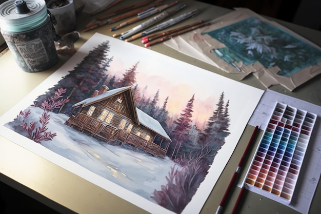 A painting of a cabin in the snow