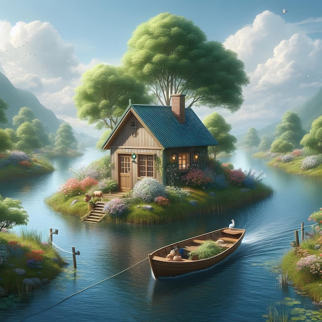 a painting of a cabin with a boat and a house on the water