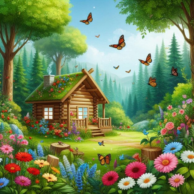 a painting of a cabin with butterflies and butterflies