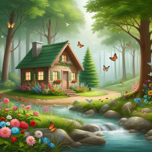 a painting of a cabin with butterflies and flowers in the forest