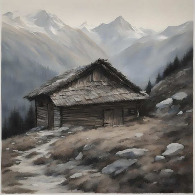 Photo a painting of a cabin with a cabin in the background