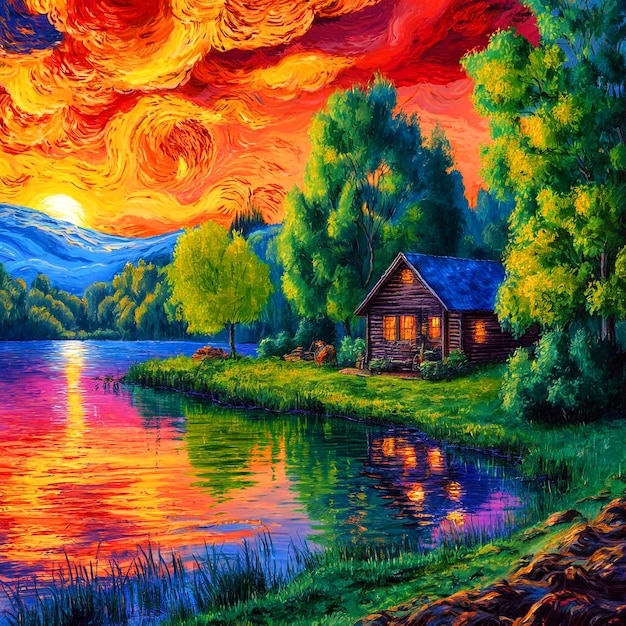 A painting of a cabin with a colorful sky and trees in the background