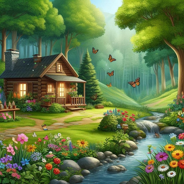 a painting of a cabin with a house and butterflies in the background