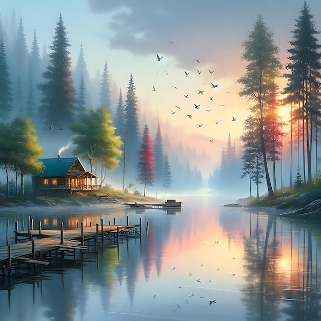 a painting of a cabin with a lake and trees in the background