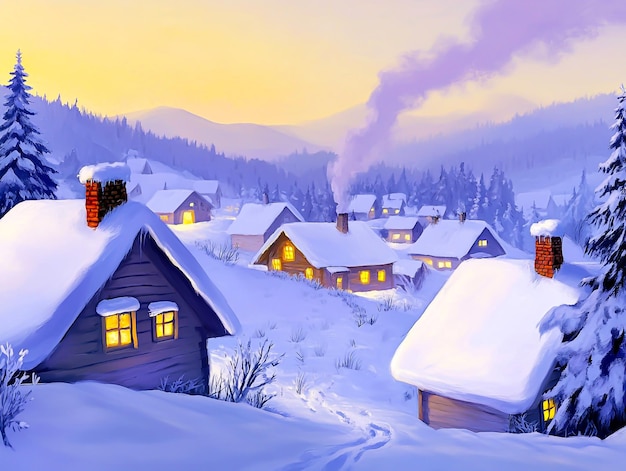 a painting of a cabin with the lights on