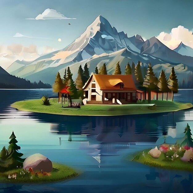 a painting of a cabin with a mountain in the background