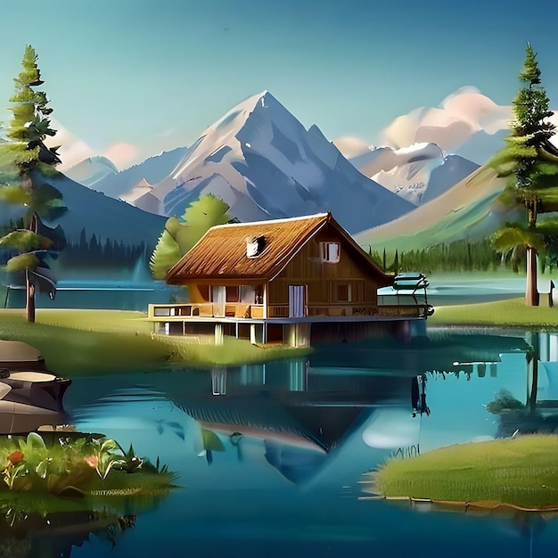 a painting of a cabin with a mountain in the background