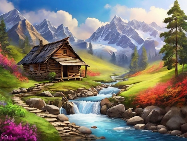 a painting of a cabin with a waterfall and mountains in the background