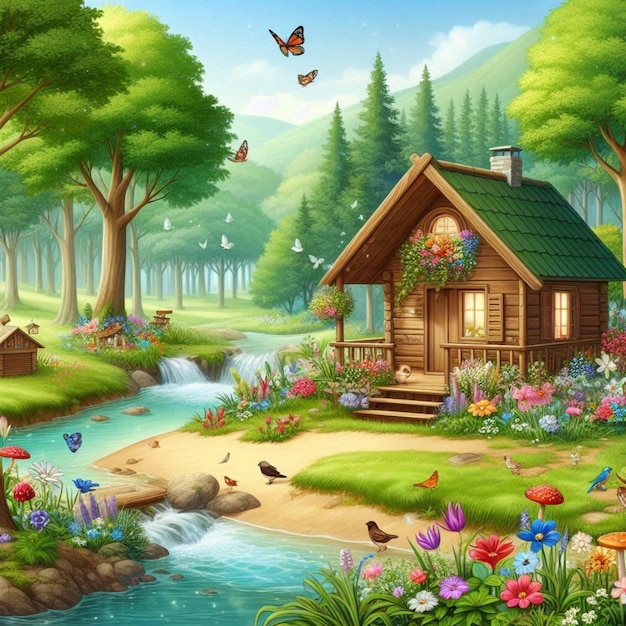 a painting of a cabin with a waterfall and a waterfall in the background