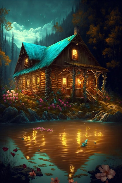 Painting of a cabin in the woods generative ai