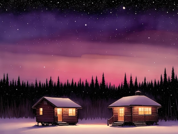 A painting of a cabin in the woods with the lights on.