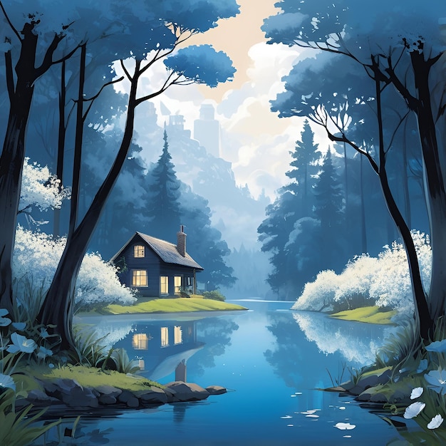 a painting of a cabin in the woods with a reflection of a house in the water