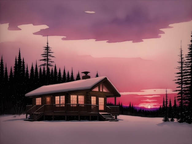 A painting of a cabin in the woods with the sun shining on the roof