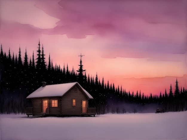 A painting of a cabin in the woods with the sun shining on the roof