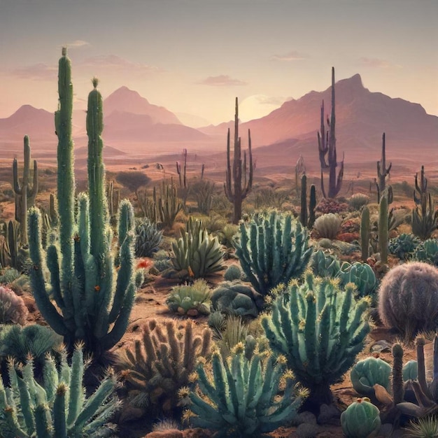 a painting of cactus cactus and mountains in the background