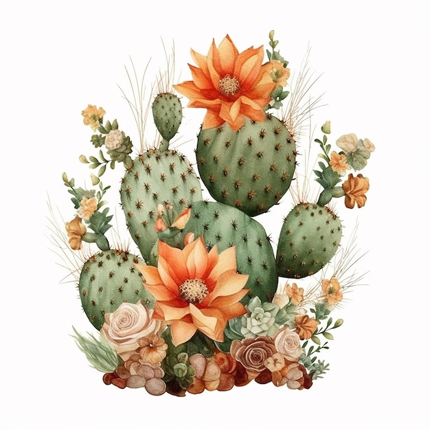 A painting of a cactus with a flower and a bunch of flowers.