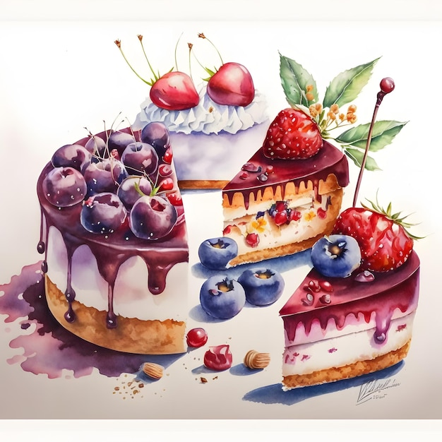 A painting of a cake with blueberries and strawberries