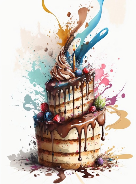 A painting of a cake with chocolate and berries on it