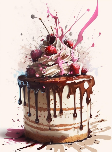 A painting of a cake with chocolate and strawberries on it.