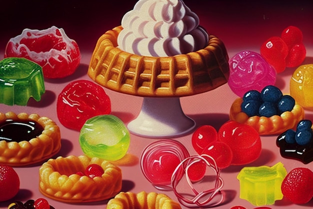 Painting of a cake with dessert on it generative ai