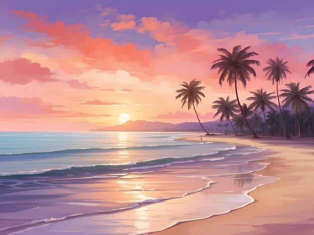 painting of a calm beach at sunset with gentle waves crashing