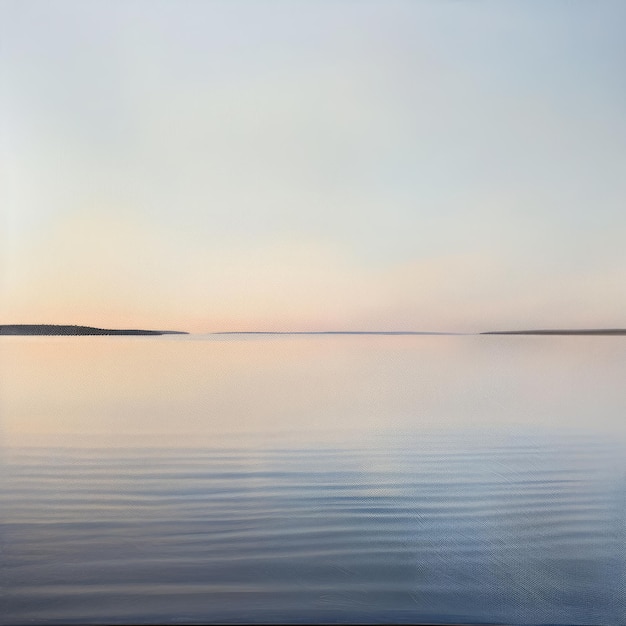 A painting of a calm lake with a sunset in the background