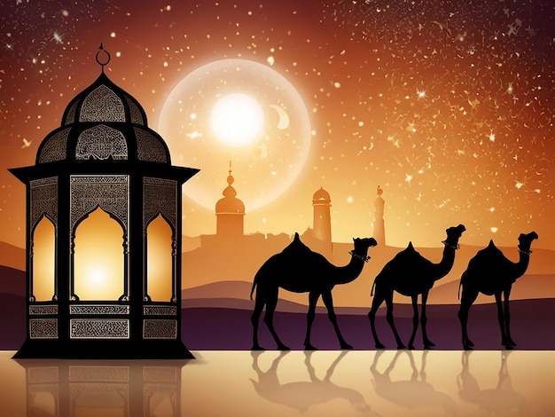 a painting of camels and a mosque with a moon in the background