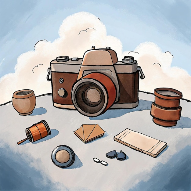 Photo a painting of a camera and some objects on a blue sky