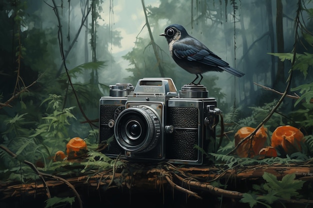 A painting of a camera surrounded by a forest and birds