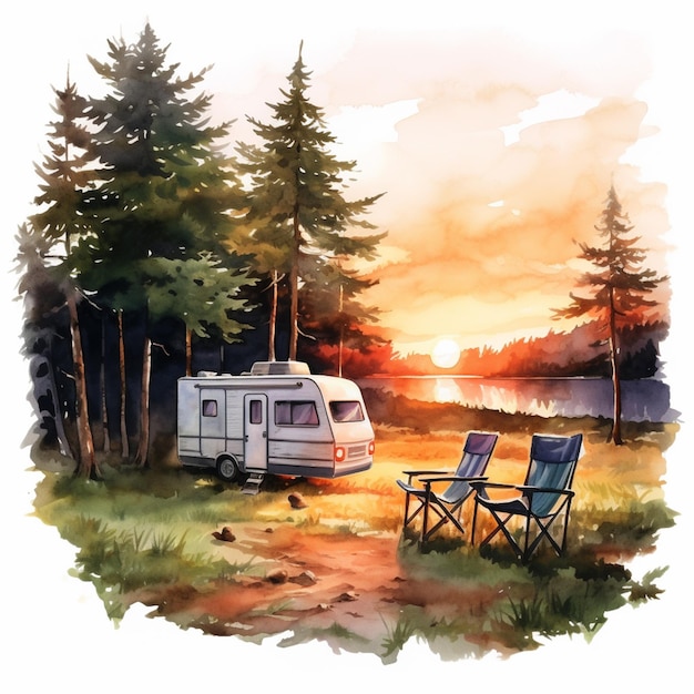 painting of a camper trailer parked in a field next to a lake generative ai