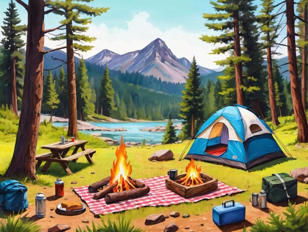 A Painting Of A Camping Scene With A Tent And Campfire