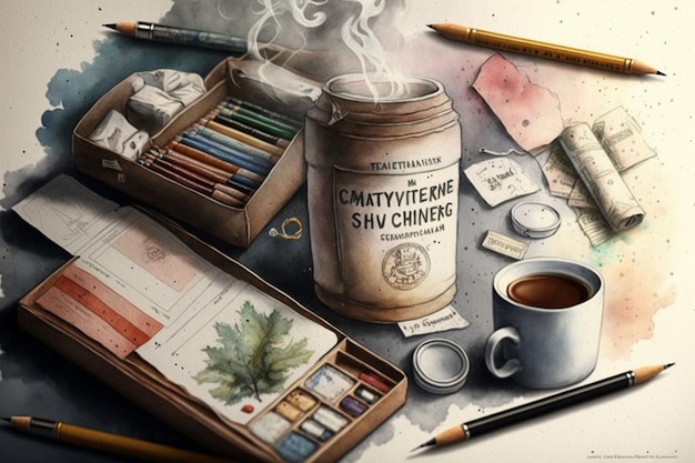 A painting of a can of paint and a cup of tea.